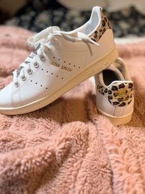 adidas White Stan Smith Sneakers with Leopard Heel Accent
